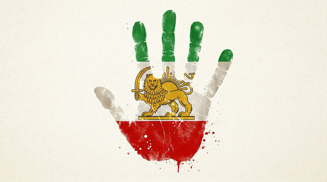 Lion and Sun flag of Iran Hand Print Flag , endered image of a hand print with the Iran flag design.