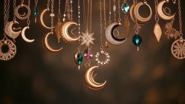 Dreamy night decor with hanging moons and stars.