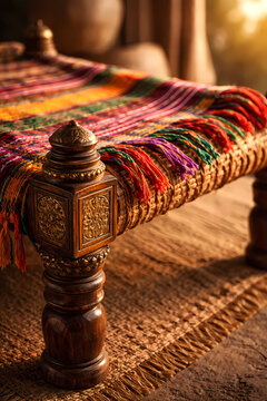 AI generated macro shot of a traditional wooden charpoy with brass work and a colorful handwoven textile