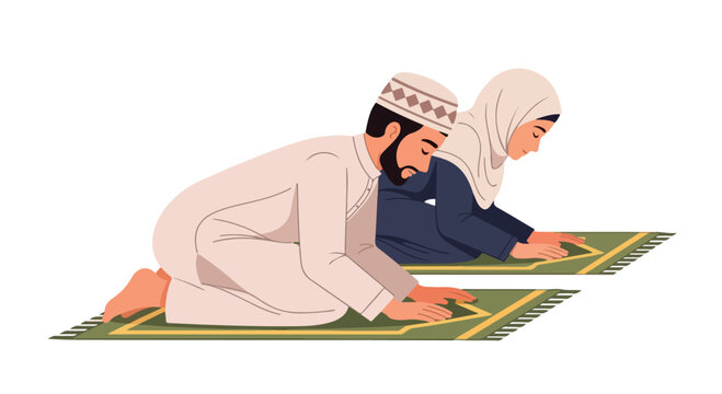 Two Muslims praying in prostration on prayer mats, a calm spiritual moment captured in a soft pastel vector illustration