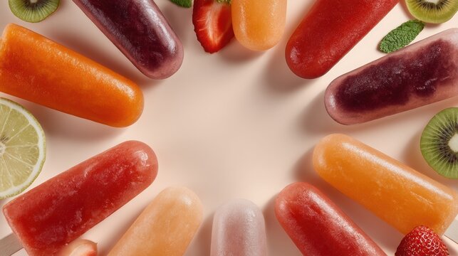 Colorful Ice Pops and Fresh Fruits on a Light Background
