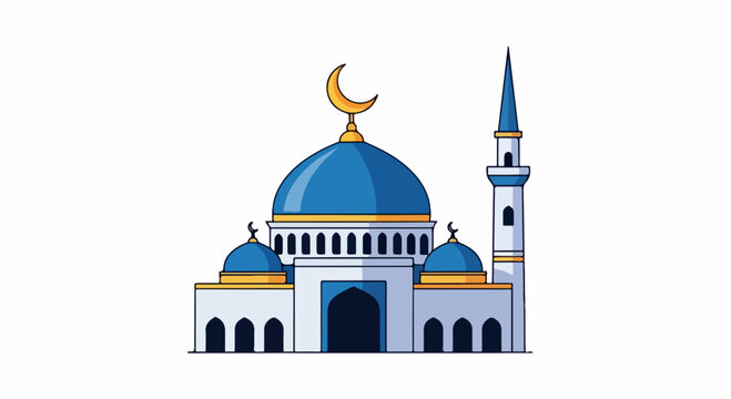Illustration of a white mosque with blue domes and a minaret against a plain white background.