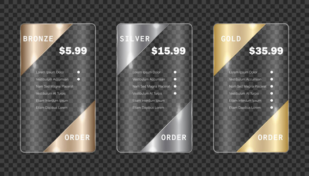 Premium glassmorphism pricing table Elements. Bronze, silver, gold Subscription plan cards with metallic accents. Modern glass banner vector template for SaaS, mobile apps, membership plans.