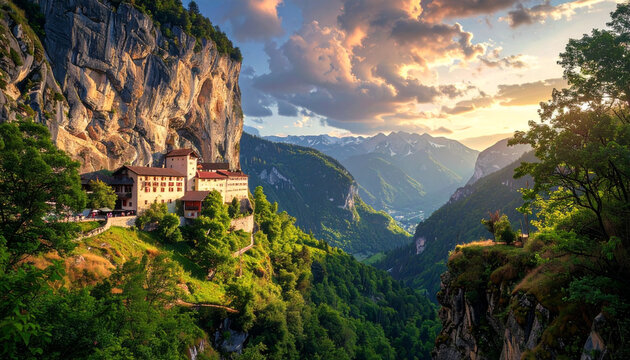 Scenic mountain landscape with building nestled in lush green valley during sunset