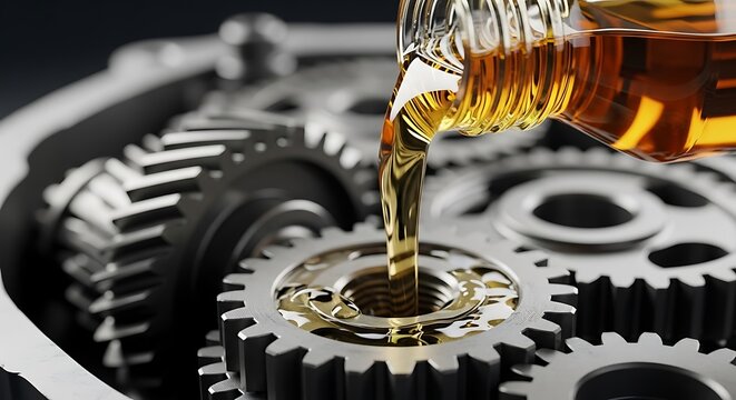 Golden liquid pouring into and around mechanical gears, highlighting lubrication process