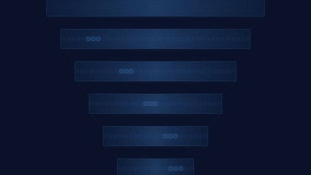 Abstract digital funnel visualization with glowing blue bars representing data flow and process stages.