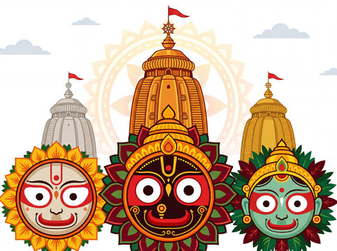 Illustration of lord jagannath, balabhadra and devi subhadra with temple