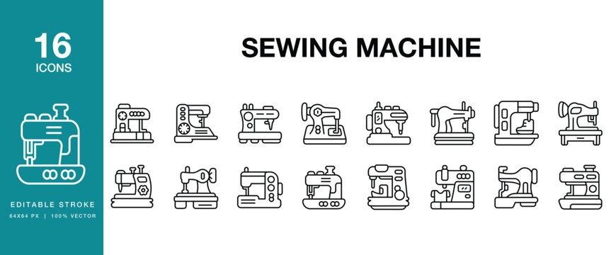 Sewing Machine icon set. Includes sewing, machine, stitch, stitching, textile, fabric and More. Editable Stroke Icon Collection.