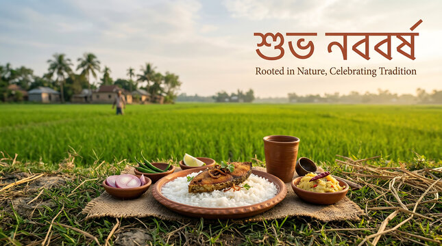 Traditional bengali new year food setup with rice fish and vegetables on a natural background celebrating poila boishakh in a serene rural landscape