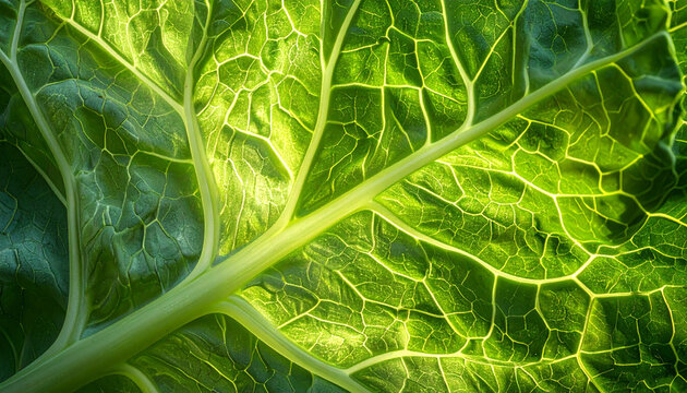 Close up of a vibrant green leaf showing detailed venation structure and textures