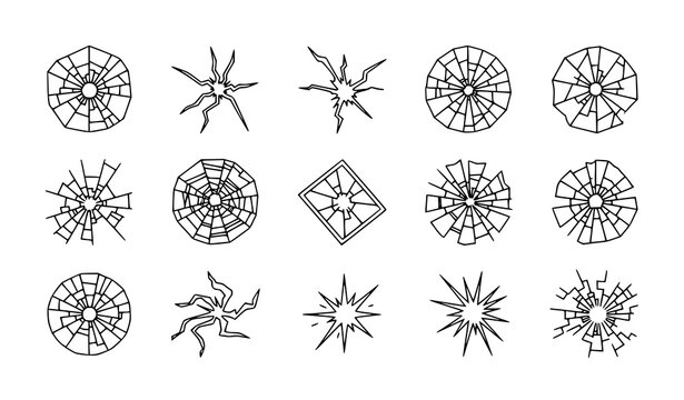 Minimal cracked glass texture set with shattered mirror and impact crack patterns black and white vector