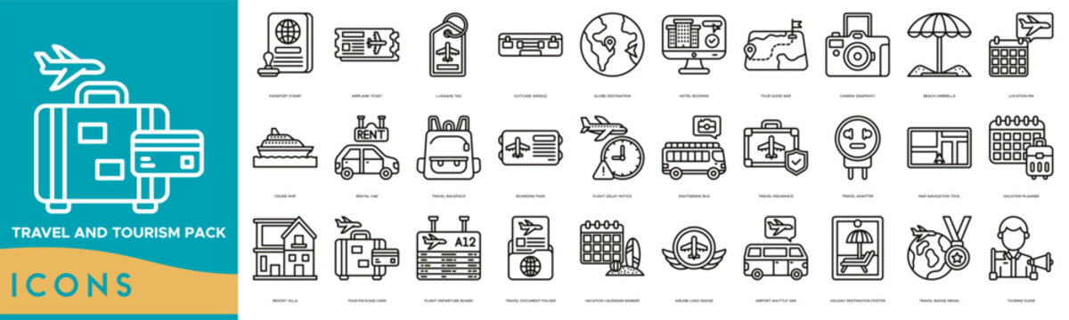 Travel and Tourism Pack Icon set. Passport Stamp, Airplane Ticket, Luggage Tag, Suitcase Handle, Globe Destination, Hotel Booking, Tour Guide Map, Camera Snapshot and Beach Umbrella