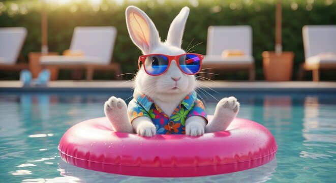 A white rabbit on a pink inflatable pool float wearing sunglasses and a hawaiian shirt
