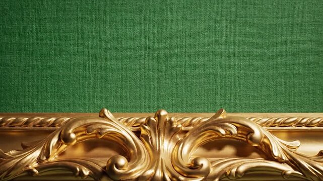 An ornate golden decorative border frames a textured green background with soft light and shadow patterns