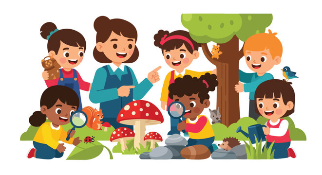 A group of diverse kids and their teacher explore nature outdoors, using magnifying glasses to study mushrooms, small animals, and insects together.
