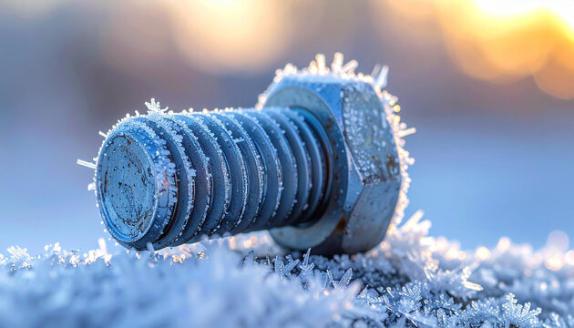 Close up of a frosted bolt in natural sunlight on a textured surface