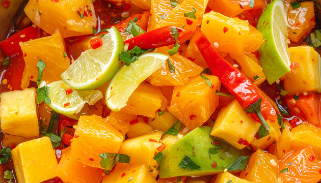 Close up of vibrant fruit salad with chili peppers and lime slices
