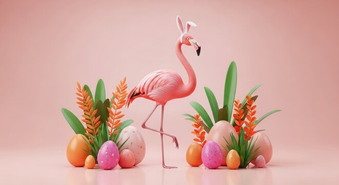 Pink flamingo surrounded by easter eggs and tropical plants