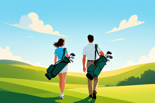 Two golfers preparing for a round on a sunny green landscape