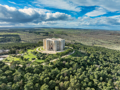 Aerial view of Castel del Monte Frederick II&rsquo;s octagonal stone crown in Puglia. UNESCO geometry, 8 towers dramatic views over the Alta Murgia