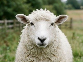 Fototapeta premium Close-up portrait of a fluffy white sheep grazing on green grass in a field during the day