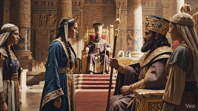Ancient royal biblical reenactment of a queen in vintage attire approaching a powerful monarch on a majestic throne, depicting historic scenes of Esther with Artaxerxes or Salome before Herod.