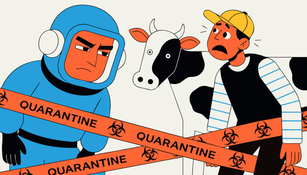 Close up flat vector illustration of a tense confrontation between man in a quarantine suit and a worried farmer with cow, surrounded by quarantine tape warning about foot-and-mouth disease in cows