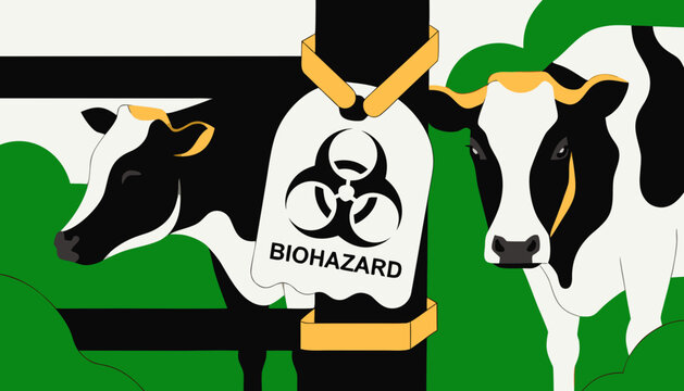Close up of a warning tag featuring a biohazard symbol attached to a fence near black and white cows in a green pasture setting