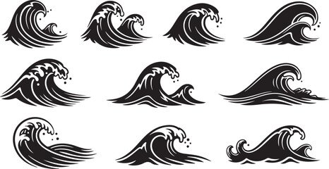 Fototapeta premium Black and white wave icons in various crashing styles