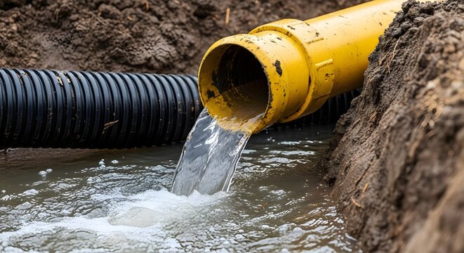 Worker pumping sewage from a septic tank using a hose and vacuum pump, septic system maintenance and waste extraction scene. Wastewater System Management