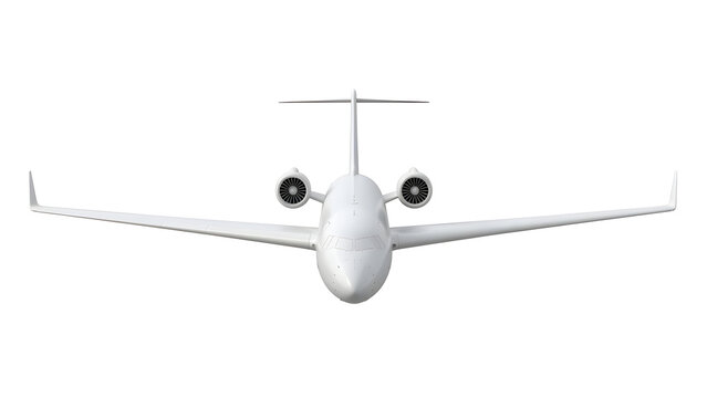 A white airplane flies directly towards the viewer in front of a plain background.