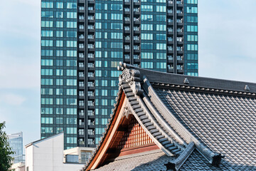 Naklejka premium Traditional tiled roof with modern glass tower rising behind in urban contrast