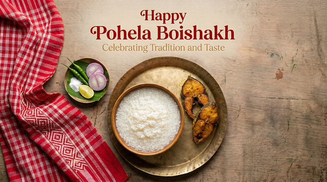 Traditional bengali new year food setup with poila boishakh greeting celebrating culture and festivity with rice fish and decorative cloth