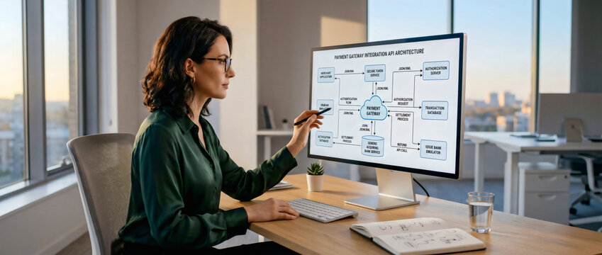 Focused professional businesswoman pointing at a complex system architecture flowchart on a computer monitor in a modern sunlit office.