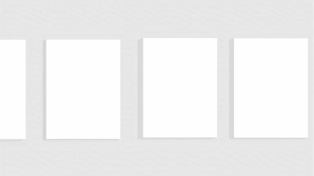 Animated group of white blanks with shadows lying on neutral light background (flat lay animation),paper blank mock up,branding identity,business cards or magazine pages and social posts