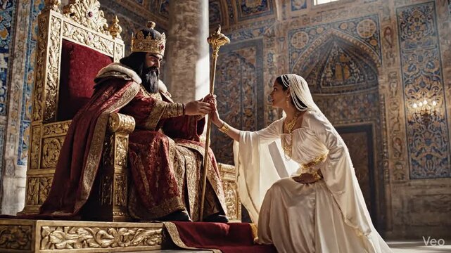 Majestic King Artaxerxes seated on an ornate golden throne gazing upon Queen Esther in a grand Persian palace setting, dramatic biblical historical scene of royal authority and petition.