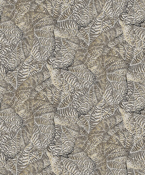 Seamless abstract background, fossil-style botanical etching with intricate overlapping leaf veins carving the memory of time