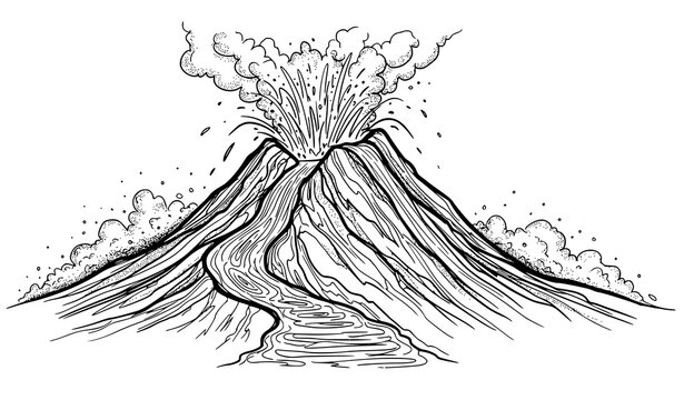 Hand drawn volcano eruption side view black and white vector with flowing lava and ash cloud illustration for prints and design