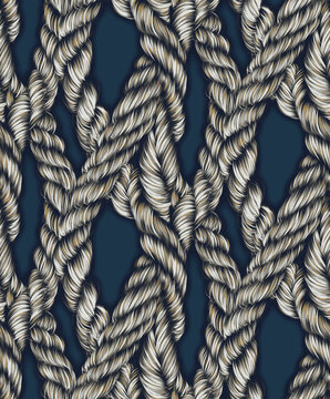 Seamless abstract background, powerful rope texture braided pattern drawn with intricate lines emerging on deep indigo