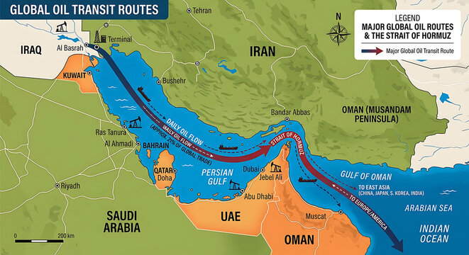 A map showing global oil transit routes through the Middle East and the Strait of Hormuz