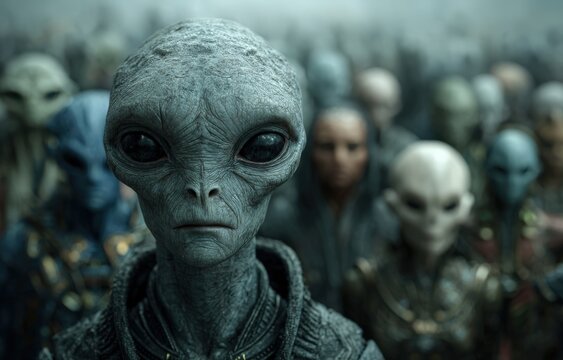 Army of gray aliens with large black eyes standing in formation, showcasing distinct features and textures, with additional alien figures blurred in the background
