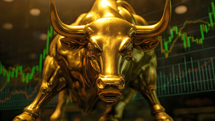 Obraz premium Golden bull statue representing stock market growth and prosperity