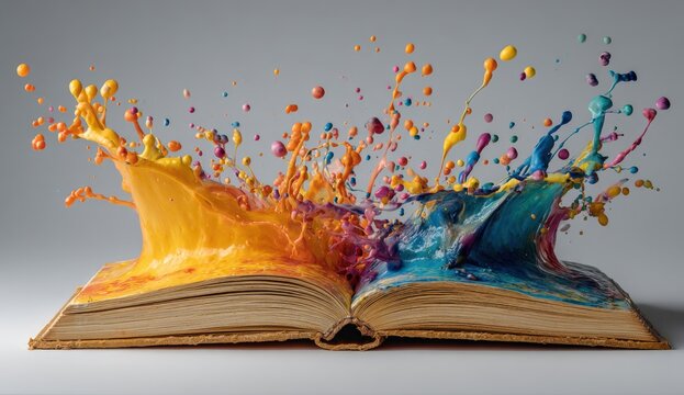 Open book with colorful splashes of paint emerging from both sides, showcasing vibrant hues of orange, yellow, blue, and purple against a neutral background