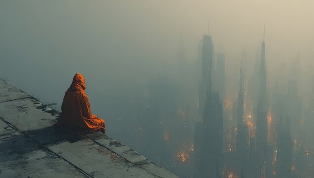 Monk in orange robe sitting on a rooftop edge overlooking a futuristic cityscape shrouded in fog with tall buildings and glowing lights in the distance