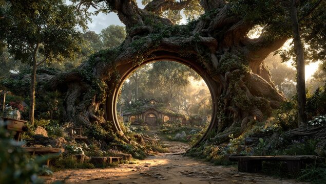 Enchanted forest scene featuring a large, ancient tree with a circular opening, surrounded by lush greenery, flowers, and a winding path leading to a cozy dwelling in the background