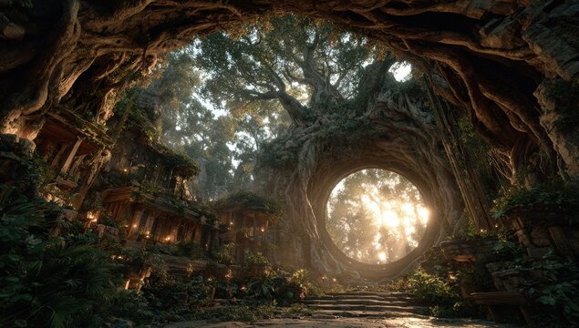 Ancient forest temple ruins with large circular opening, sunlight filtering through dense foliage, stone steps leading into a mystical, overgrown environment