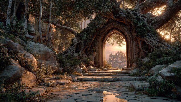 Enchanted forest pathway leading through a large stone archway surrounded by ancient trees and lush greenery, with a warm sunset illuminating the scene