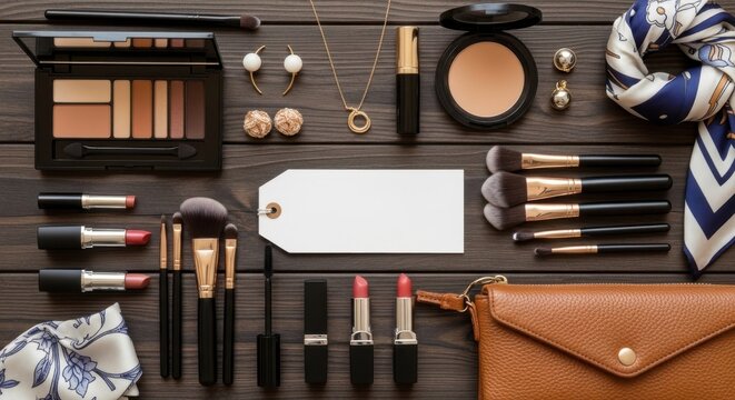 Flat lay of makeup products and accessories arranged on a wooden surface for beauty enthusiasts