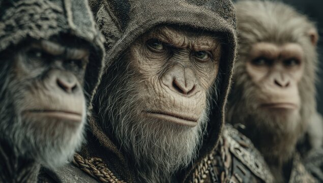 Three anthropomorphic apes with expressive faces wearing hooded garments, showcasing intricate details and textures in a dramatic, cinematic setting