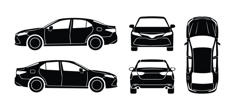 Car silhouette icons set side, front, back, and top views Icon Silhouette vector black design on a white background